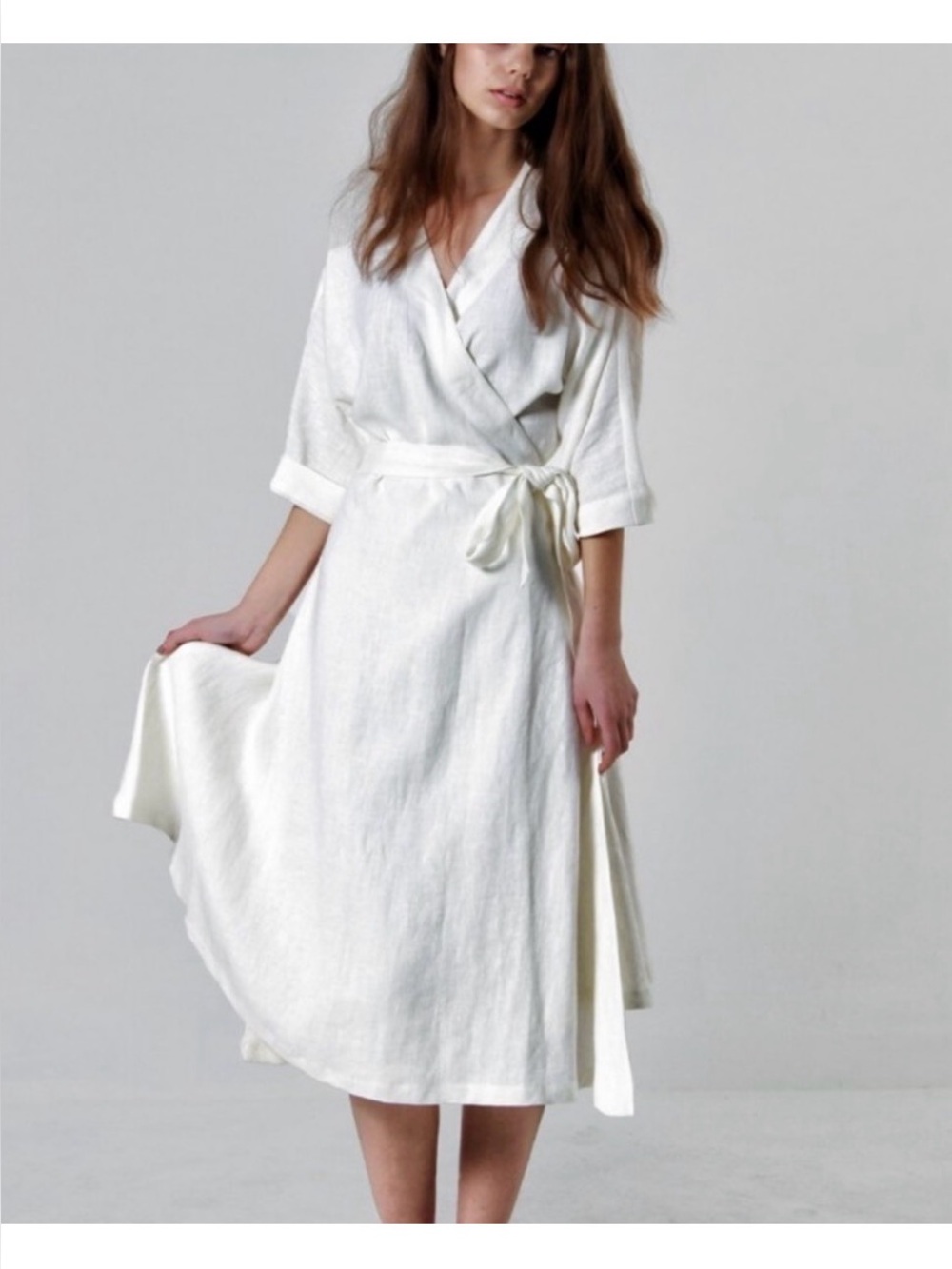 White Linen Wrap Midi Dress